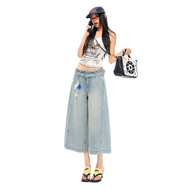 Vintage Light Wash Belted Wide Cropped Denim Pants