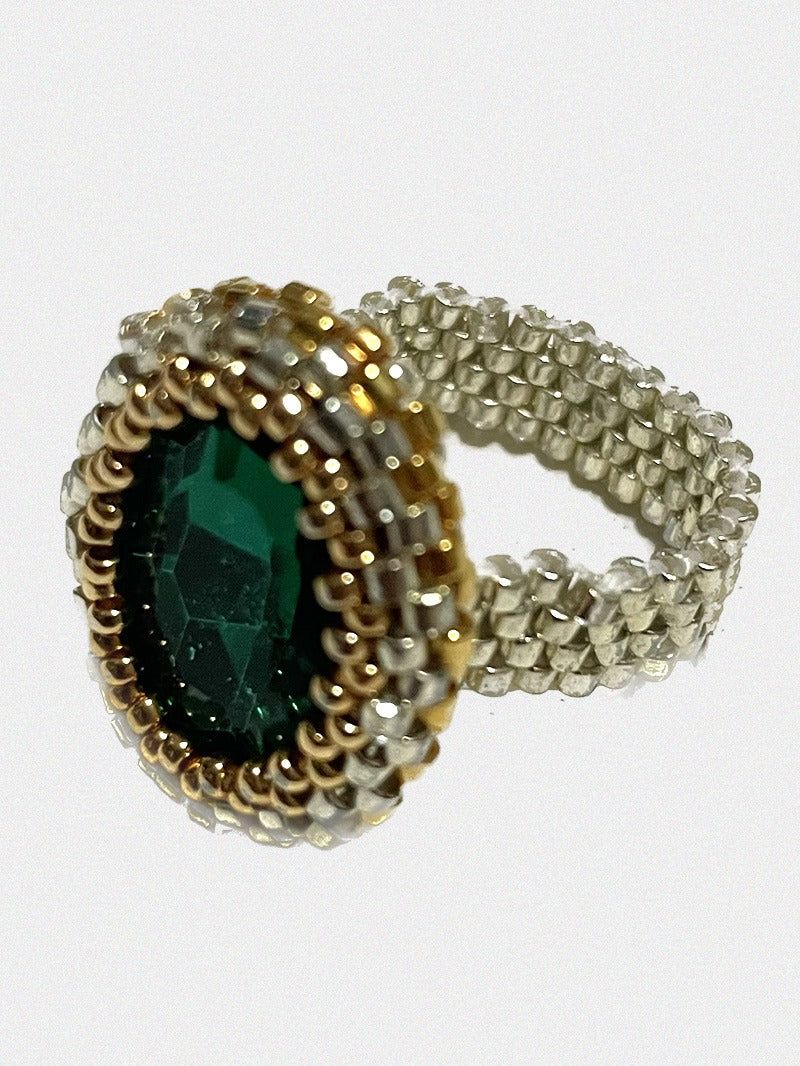 14k Gold & Silver Crystal Beads Ring (Green)