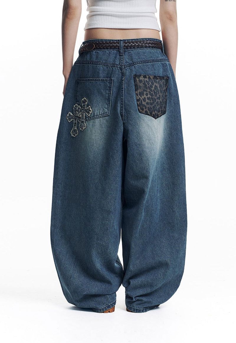 Leopard Cross Patch Roll-Up Denim Pants - Deep Blue