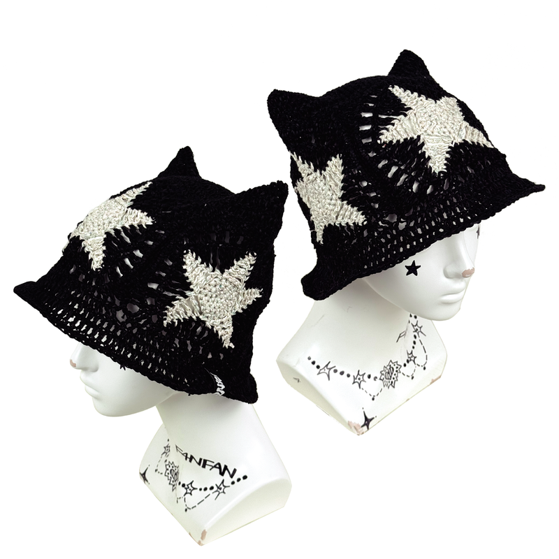 crochet bucket hat with cat ears and four star decorations