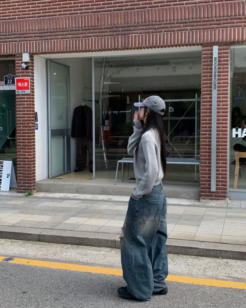 (Unisex) ボタンダメージデニムパンツ