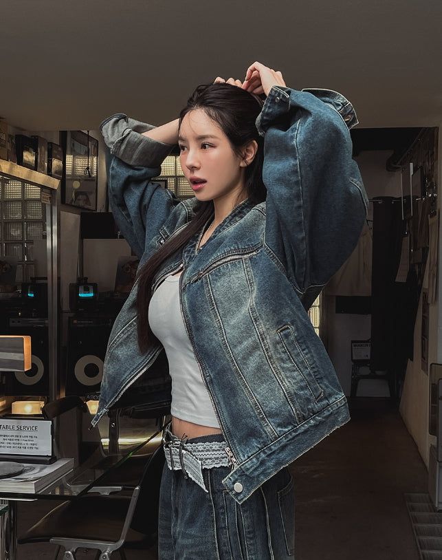 Ocean Washing Stitch Biker Denim Jacket