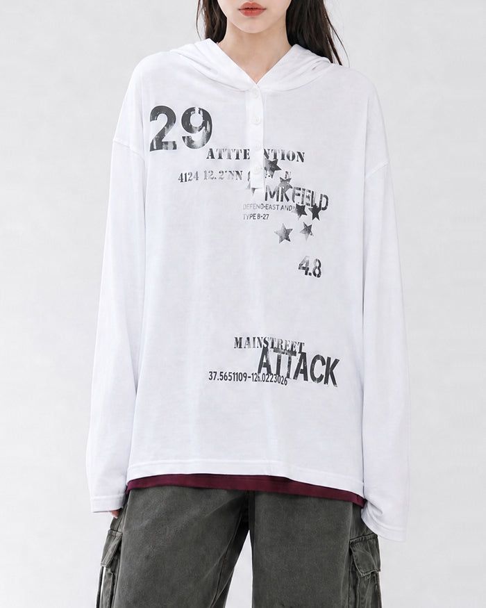 (UNISEX) Attack Henley Hooded Long Sleeve