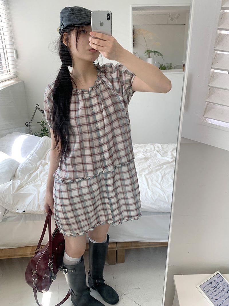 SAGE CHECK FRILL DRESS (2C)
