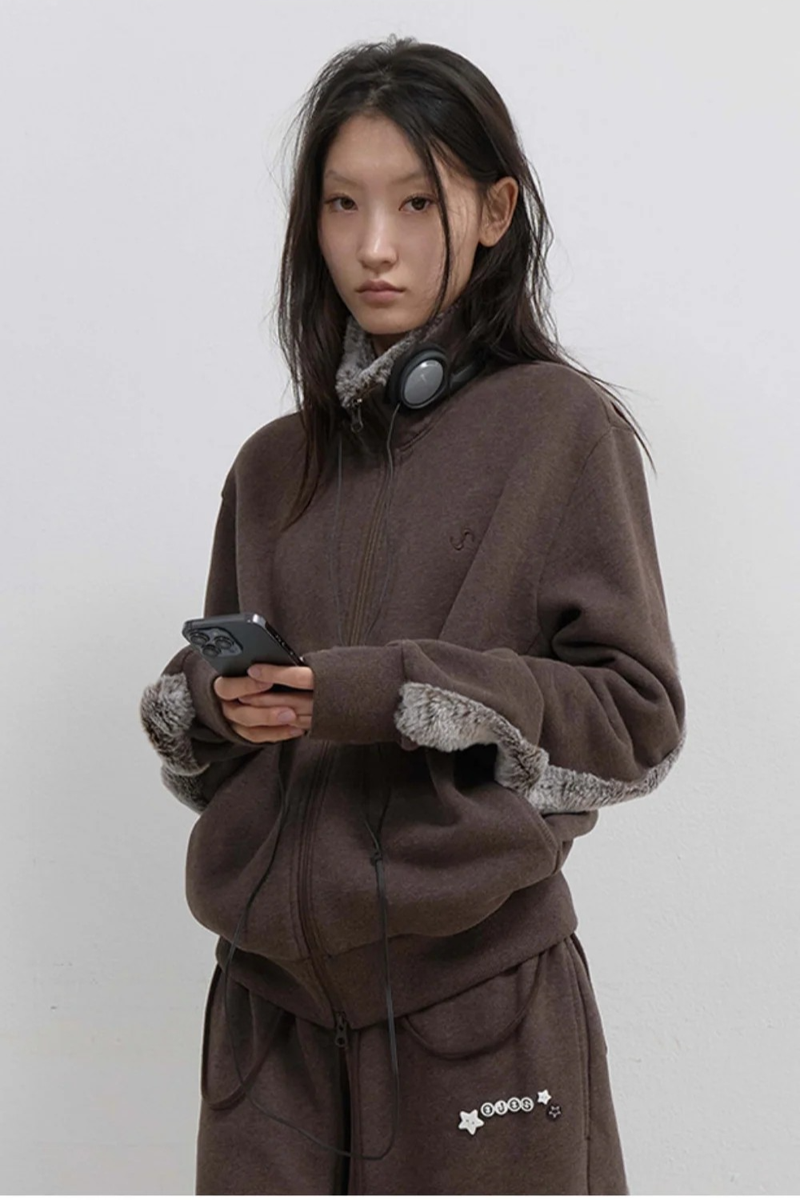 Fur Trim Jersey Zip-up / Stone Brown