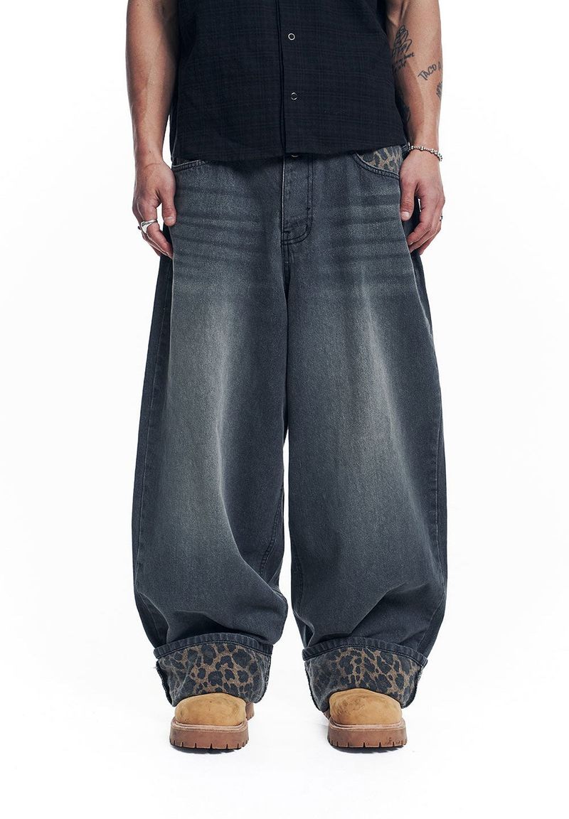 Leopard Cross Patch Roll-Up Denim Pants - Black