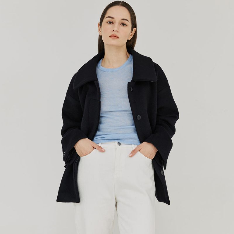 HERRINGBONE HIGH-NECK HALF COAT (NAVY)