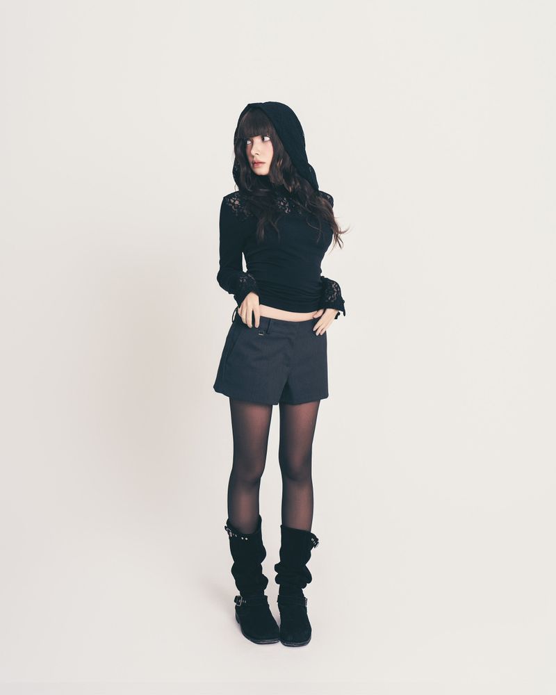 button lace hoodie top long ver. / black