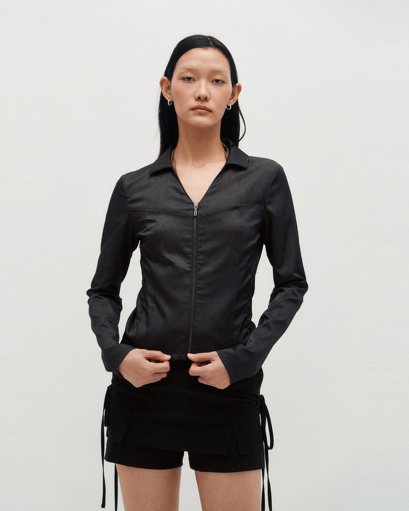 V-Neck Sleek Zip-Up _ GREY