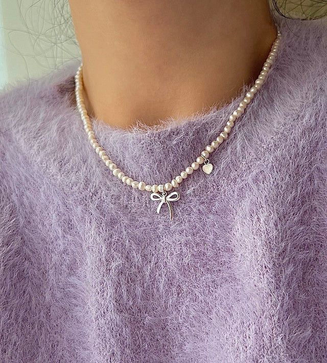 reu Ballet Core Ribbon Wedding Guest Look 925 Freshwater Pearl Embroidery Silver Heart Necklace