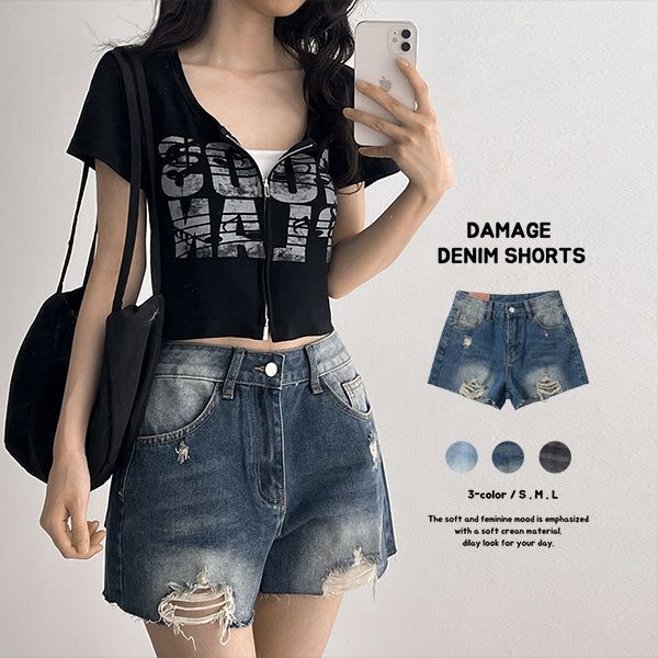 hijjoo（ハイチュー）の「[Slit Shorts] Distressed Denim Shorts (3 colors)（Pants）」