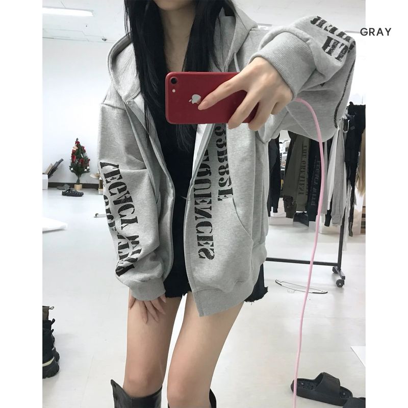crest print heavy zip-up hoodie