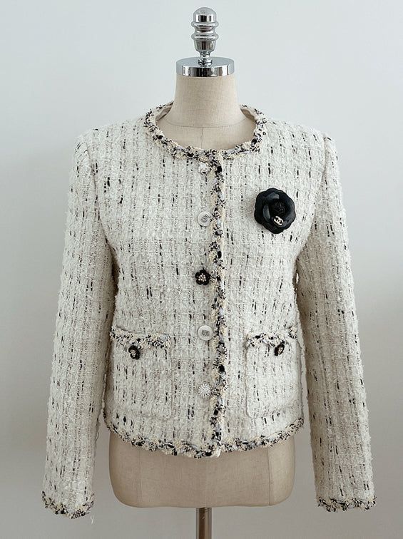 Tiang Round Color Matching Tweed Jacket (Brooch Set)