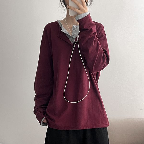 Layered * Henry Neck Layered Bow Long Sleeve Tee (8 colors)