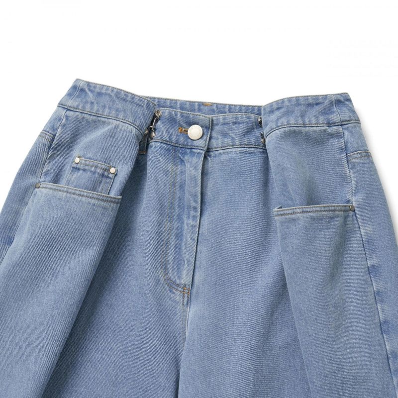 BUCKLE PIN TUCK DENIM WIDE PANTS