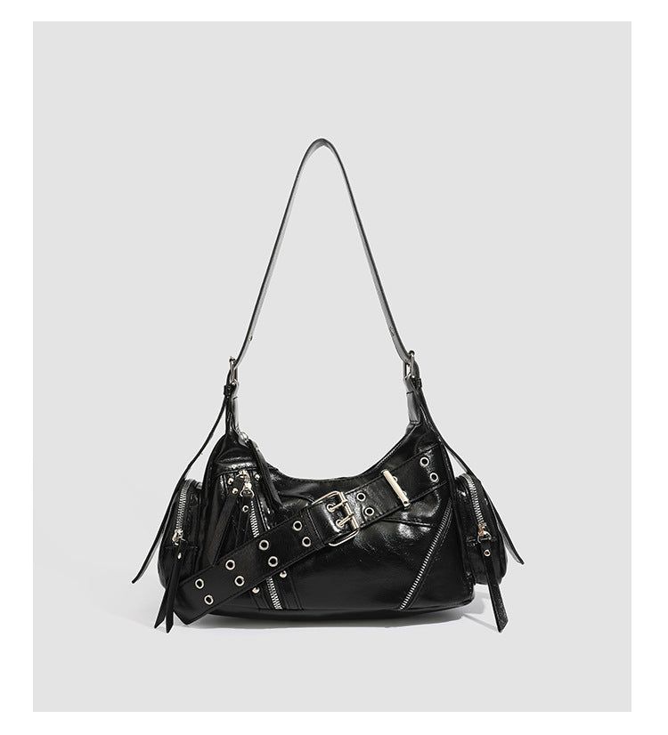 Studded Waxed Leather Motorcycle Shoulder Bag