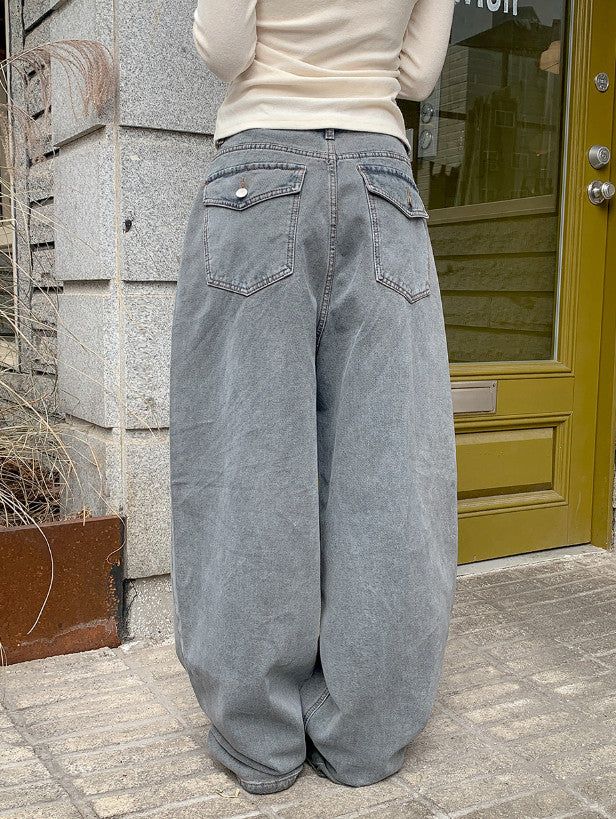 Back Flap Pocket Washed Wide Denim Pants (2color)