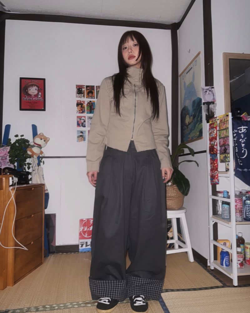(3color) Check Roll-Up Wide Pintuck Pants