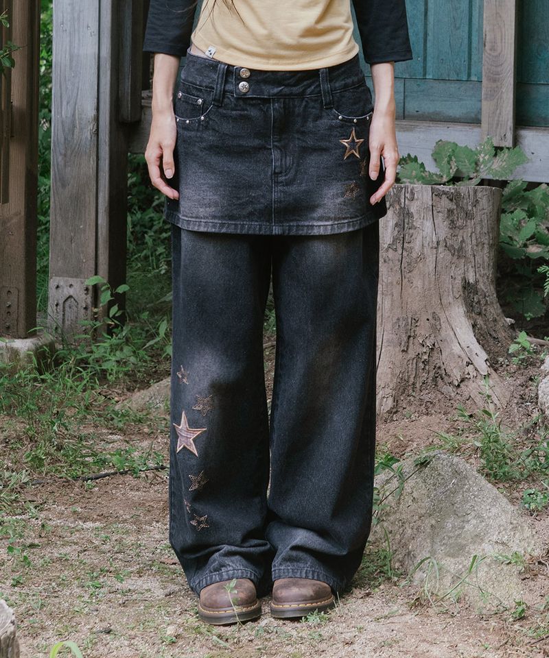 cavish（カビシ）の「W STAR APPLIQUE LAYERED SKIRT DENIM PANTS BLACK(CV2GFFD111A)（Pants）」