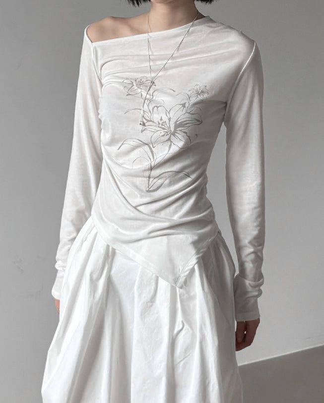 Ink Painting Flower One-Shoulder Off-Tee