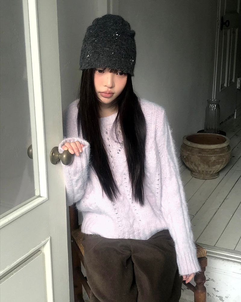 Neha Loose Wool Cable-knit Round-neck Sweater