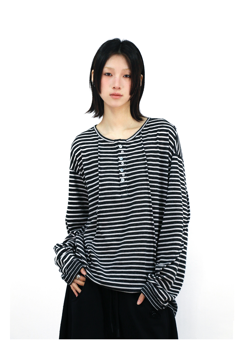 RELABEL (Vision) ライトウェイトベルベティストライプパッチワークロングスリーブTシャツスタッドディテール＆スクープネック