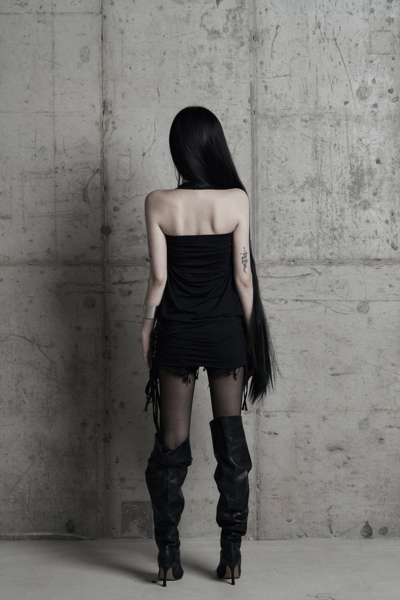 [label] cowl-neck side lace-up one-piece BLACK