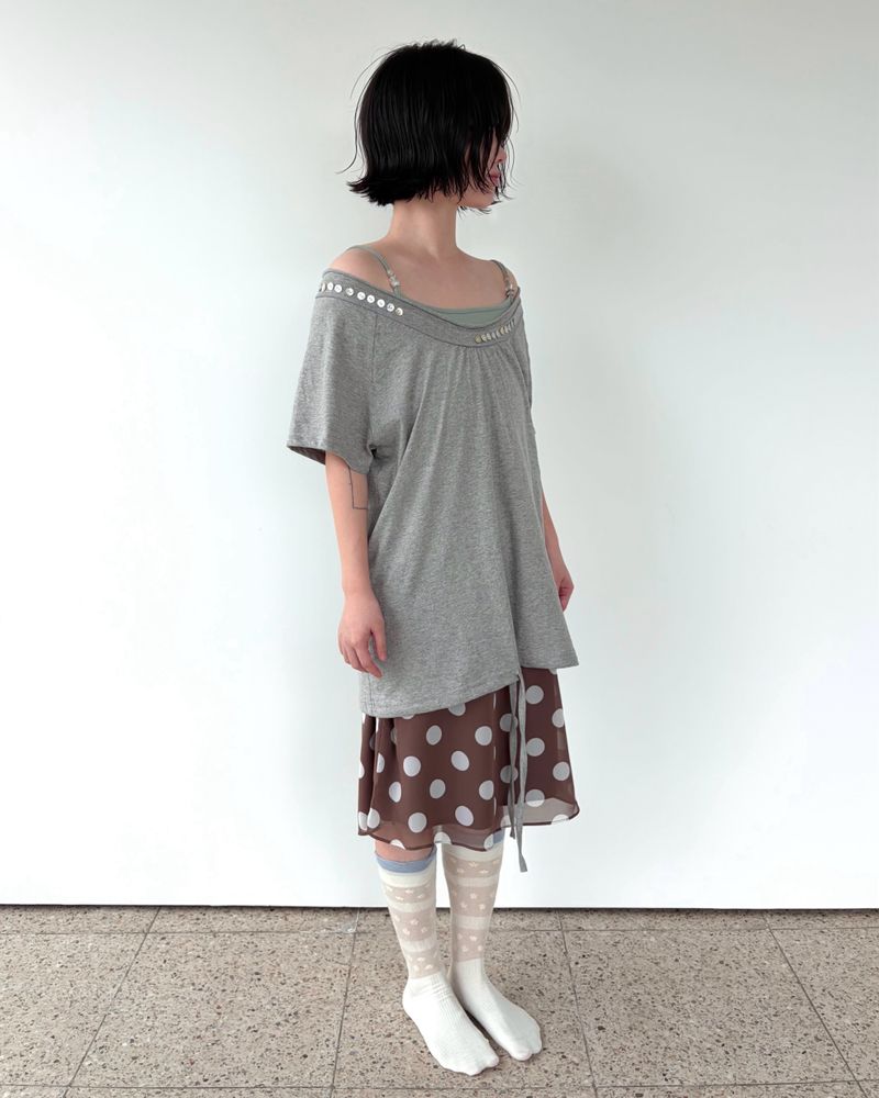シェル ボタン オープンネック Tシャツ (3colors)