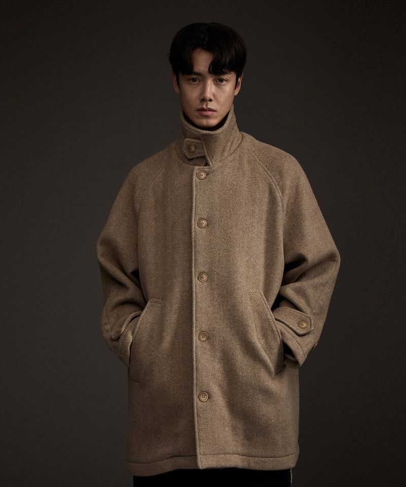 BALMACAAN HERRINGBONE WOOL CASHMERE HALF COAT BEIGE