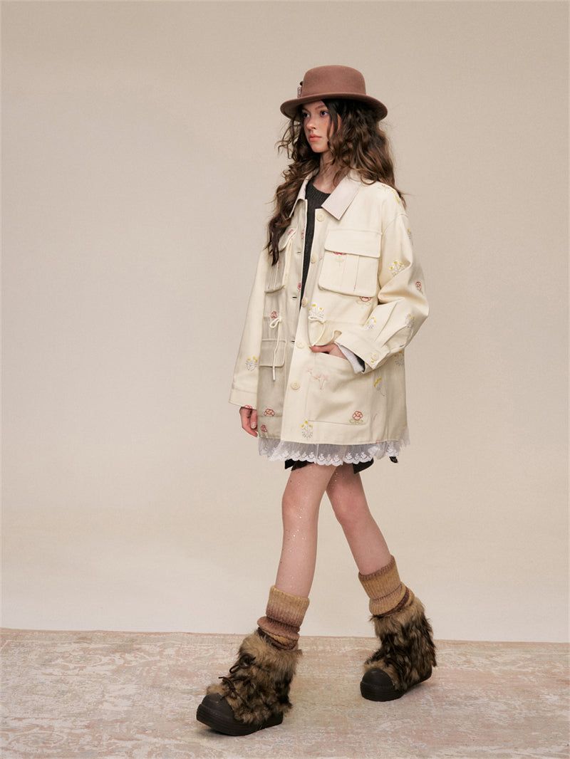 Floral Embroidery Cotton Cargo Jacket