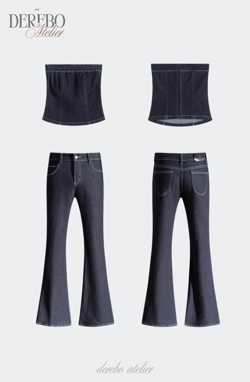 Deep green paper flared long denim pants