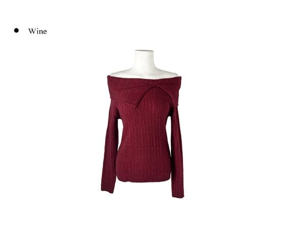 Fuzz Collar Rib Off-Shoulder Slit Long Sleeve Knit