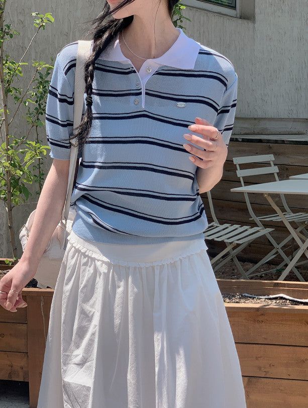 Border Collar Button Short Sleeve Knit (4color)