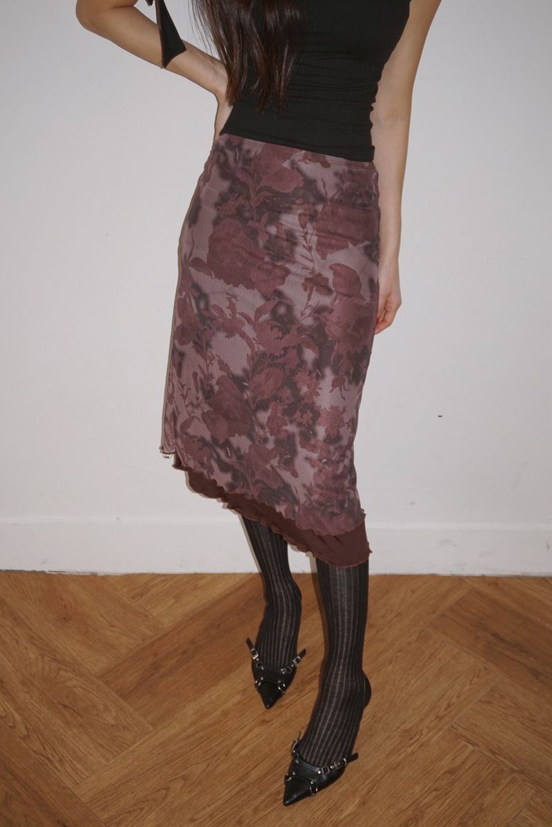 burgundy flower midi skirt