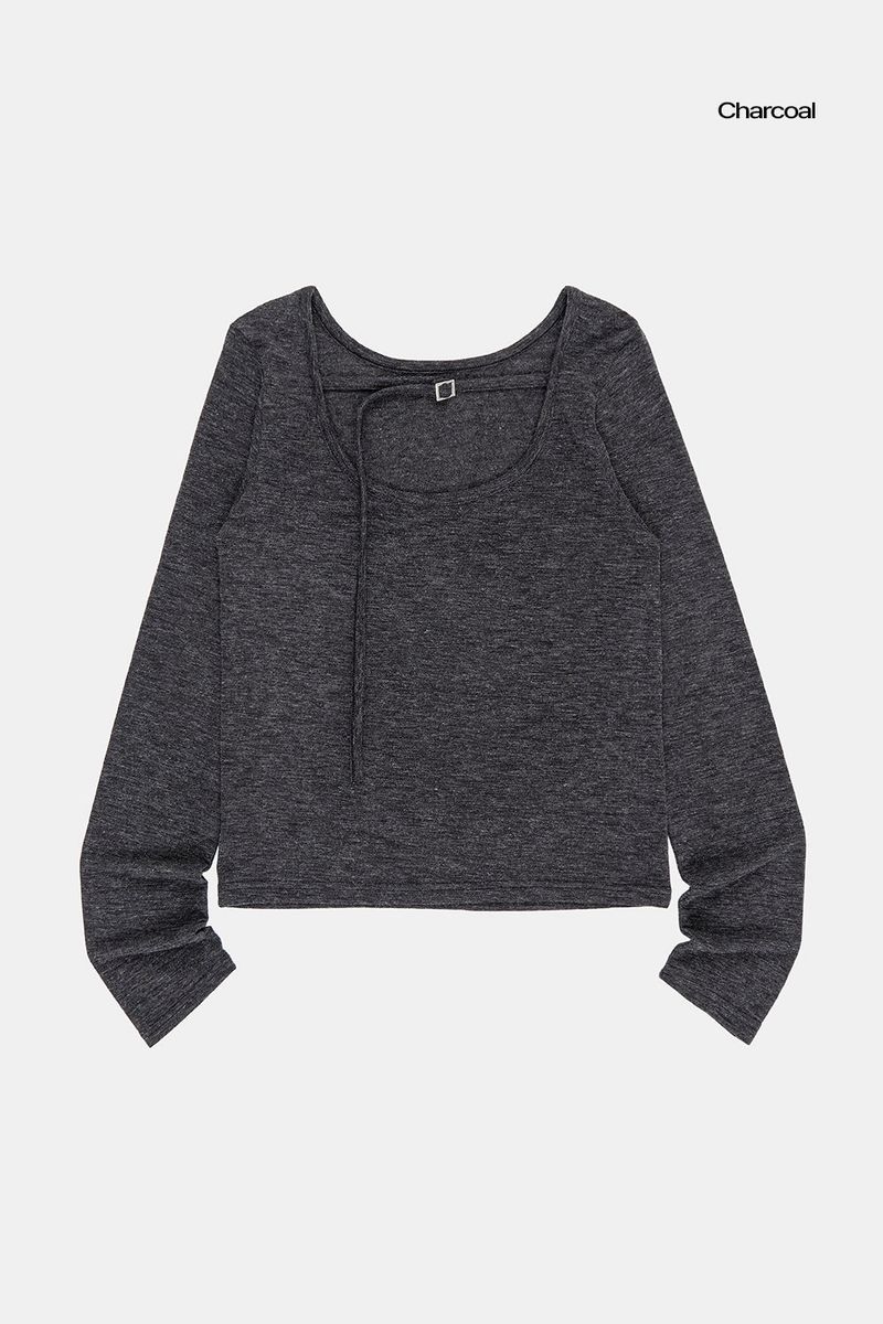 Buckle string scoop-neck long sleeve