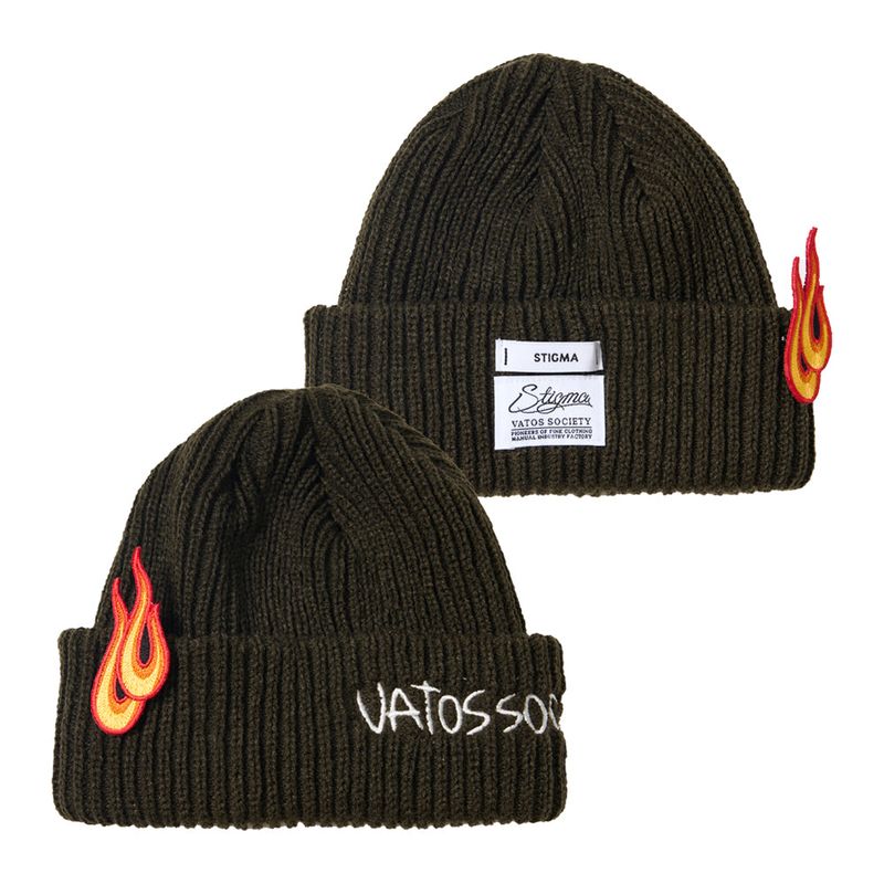 STIGMA(スティグマ)の「FLAME PATCH EMBROIDERED BEANIE KHAKI/ ORANGE / SKY BLUE / BLACK(Hats)」