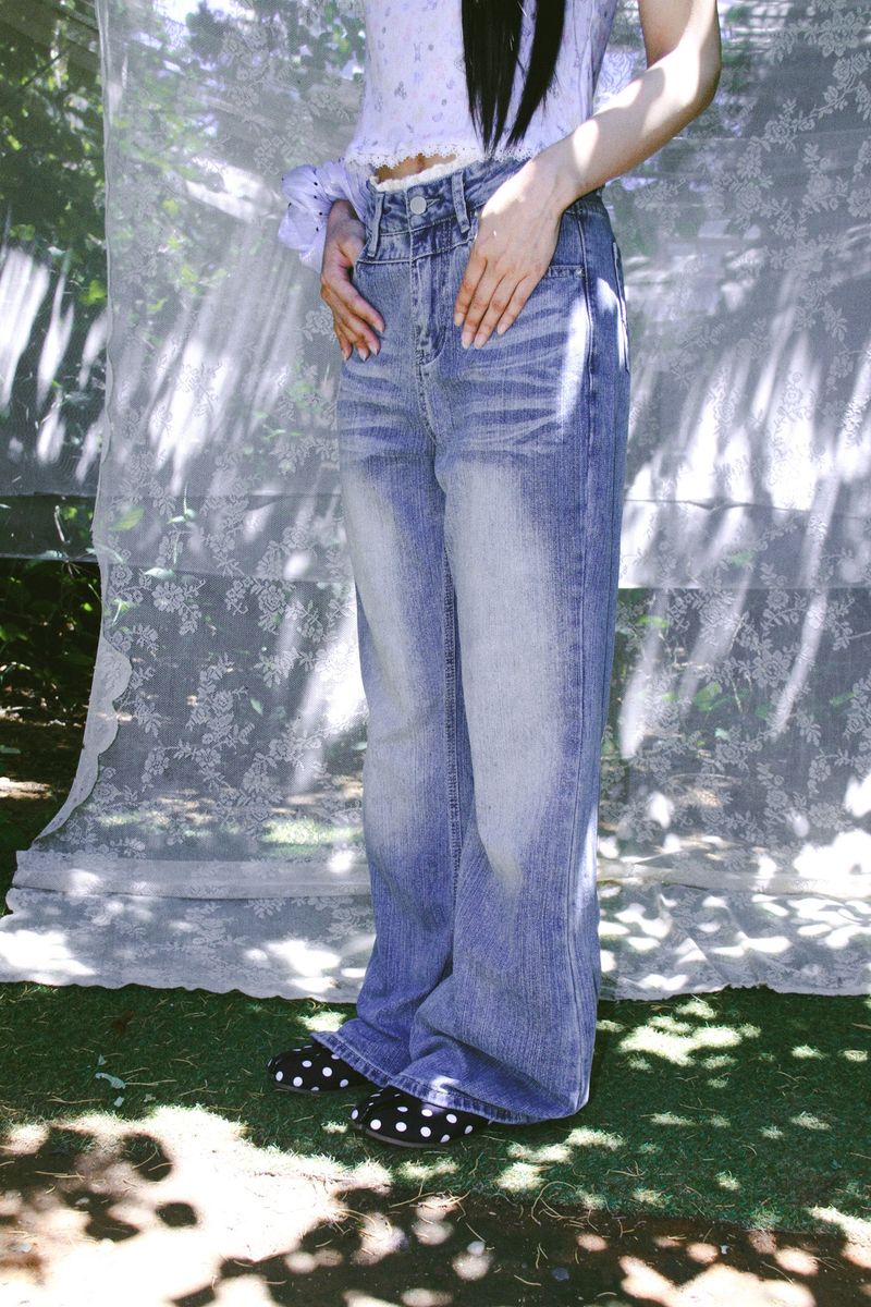 LACE VINTAGE WASHED BOOTCUT DENIM PANTS