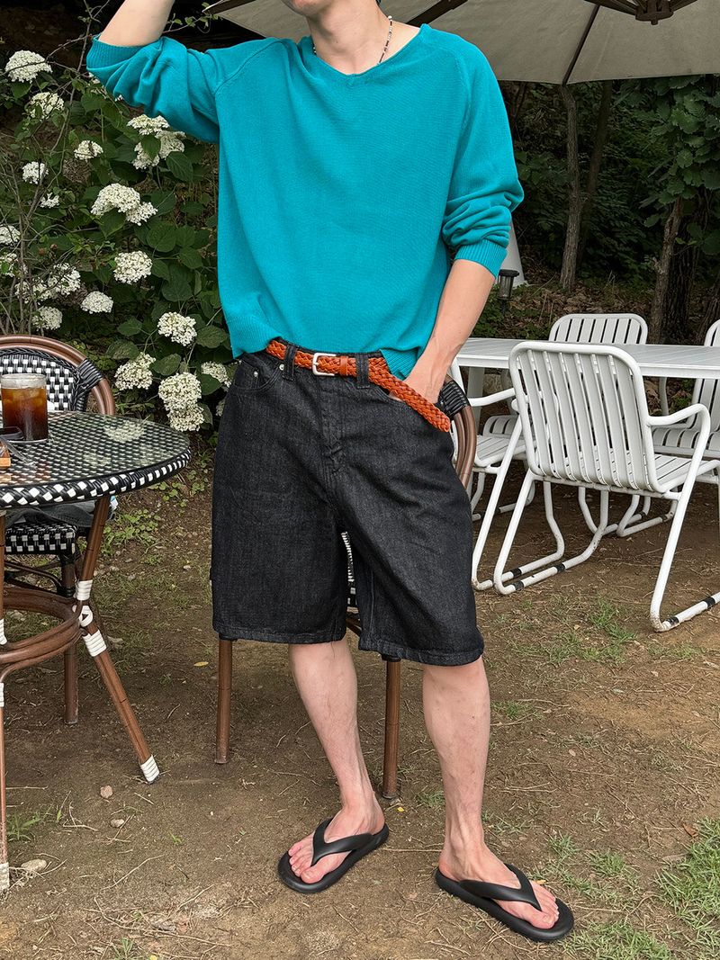 Regular wide bermuda denim pants(2color)
