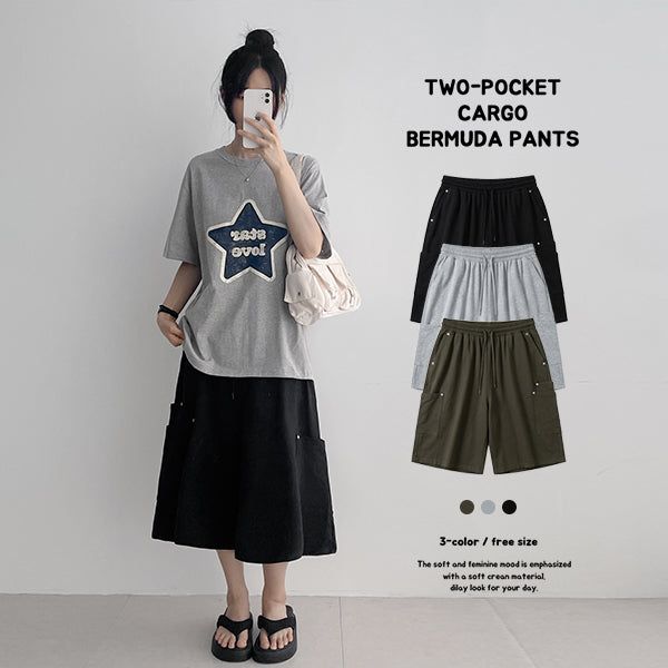 Lovely Hip Rivet Layered Pocket cargo Bermuda Banding Pants (3 colors)