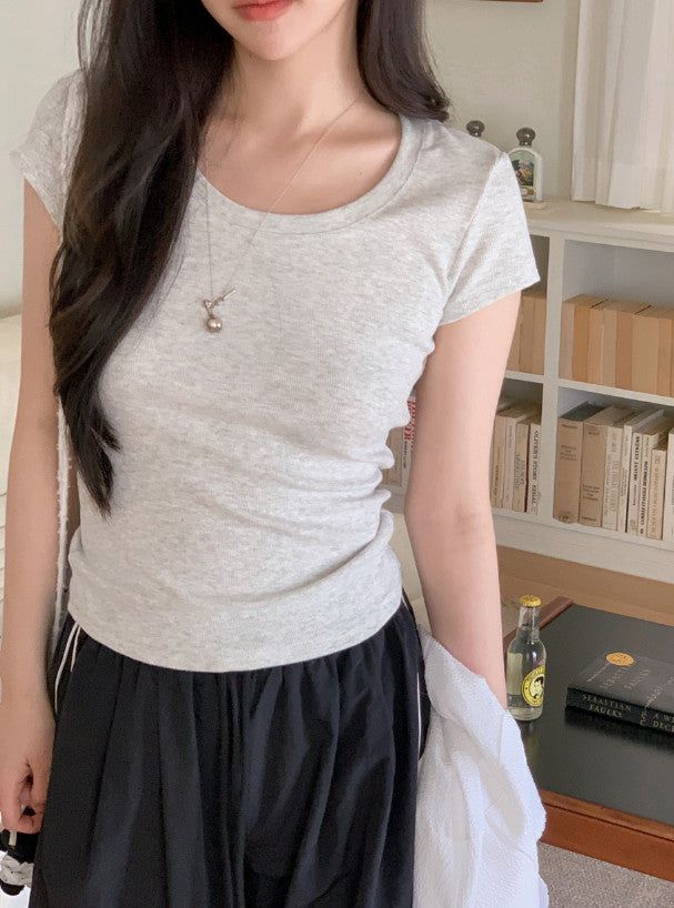 Basic Slim Rib U-neck Short Sleeve T-shirt (5color)