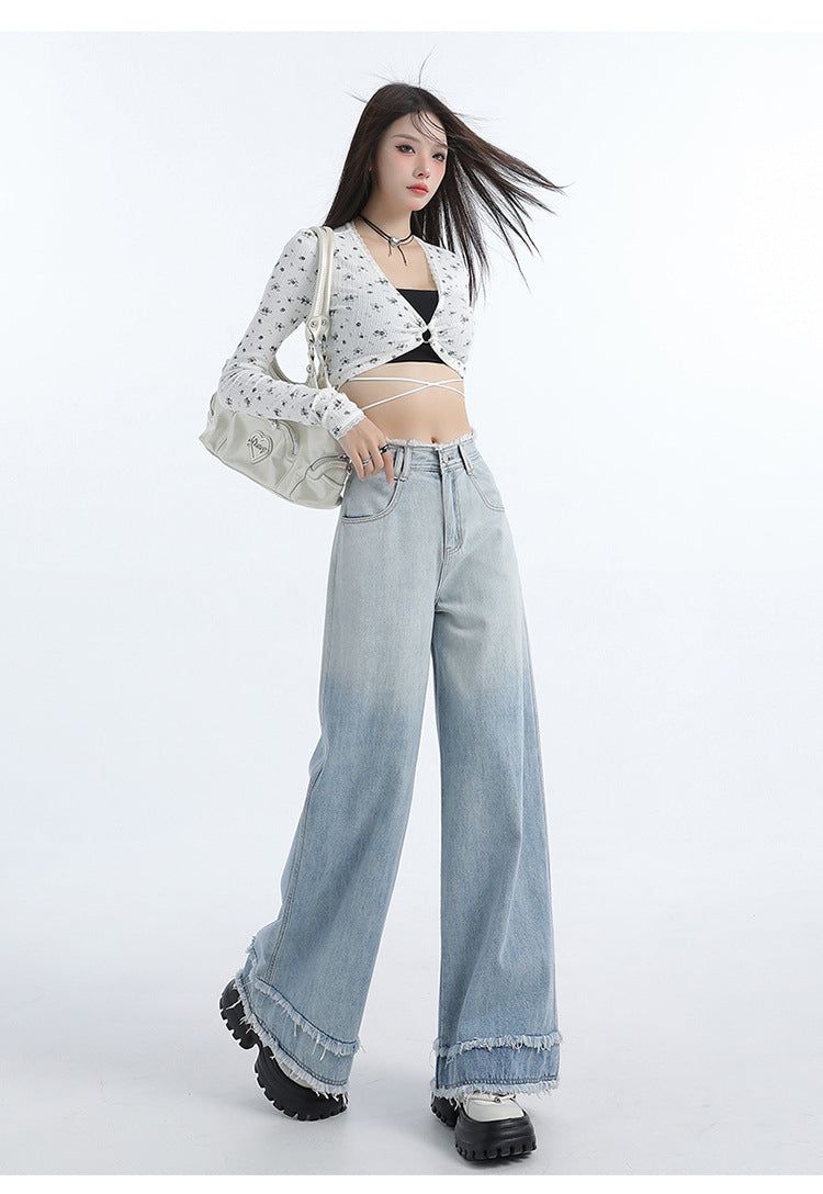 Gradient Blue Raw-Edge Wide-Leg Denim Pants