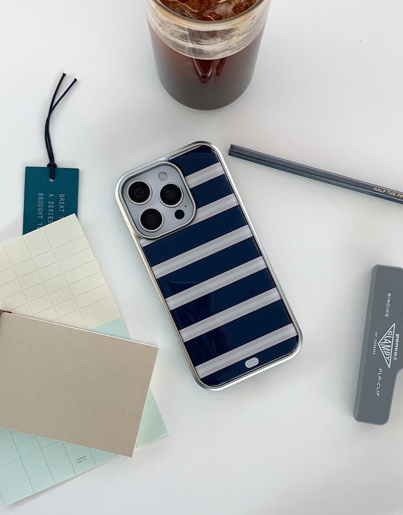 [MADE]ストライプアイボリー シルバー エポキシバンパー iPhoneケース