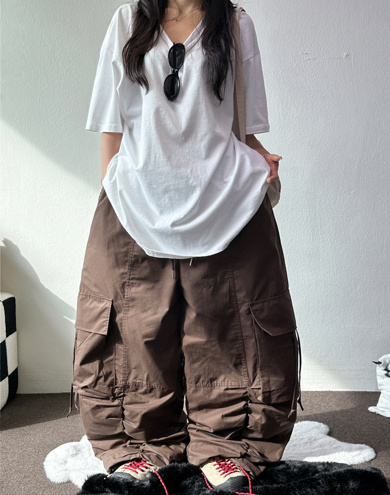 SHIRRING CARGO ROPE POINT BALLOON COTTON PANTS🩶🖤🤎 - 3 COLORS