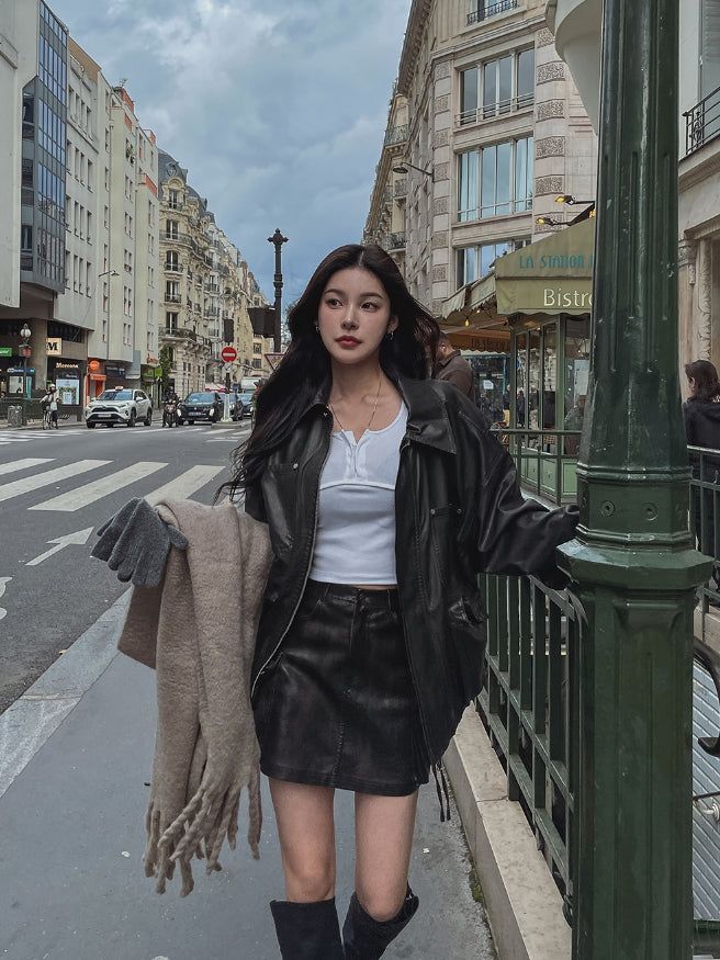 Teen vintage puffer work leather jacket