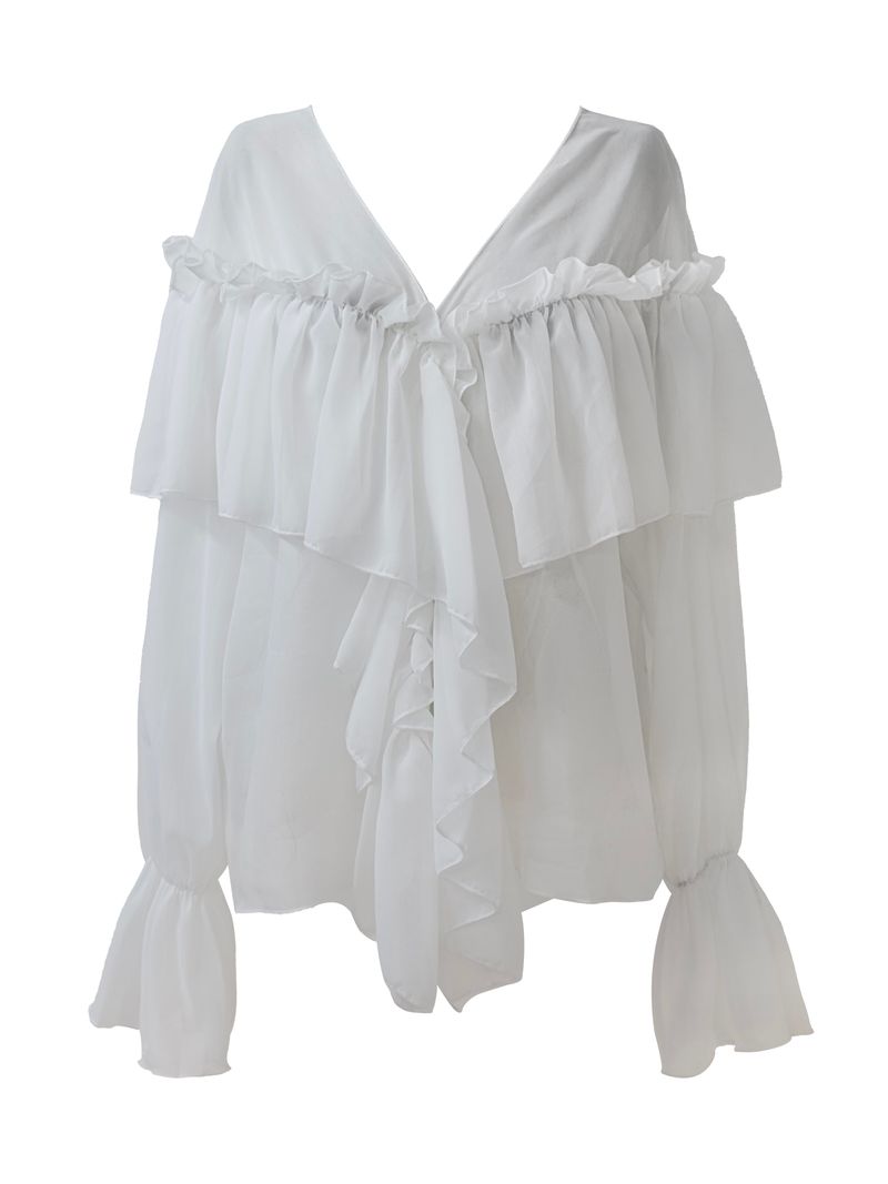 chiffon ruffle v-neck sheer blouse (2color)