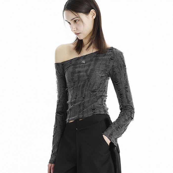 HOLY NUMBER 7(ホーリーナンバーセブン)の「Holy Symbol Ripped Off-shoulder Top_charcoal(Tops)」