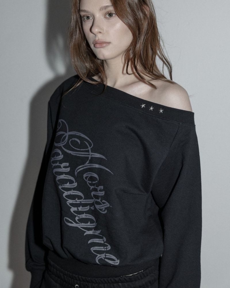 Studded One-shoulder Sweatshirt Black