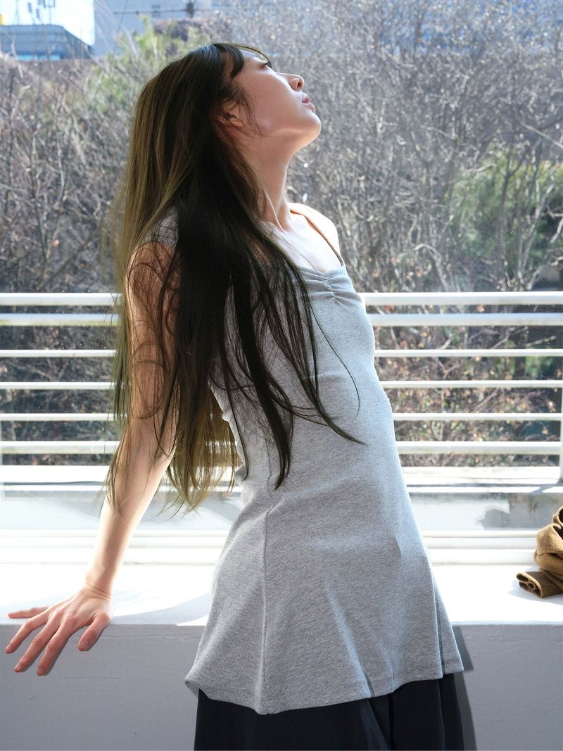 Rib Shirring Long Top (Gray)
