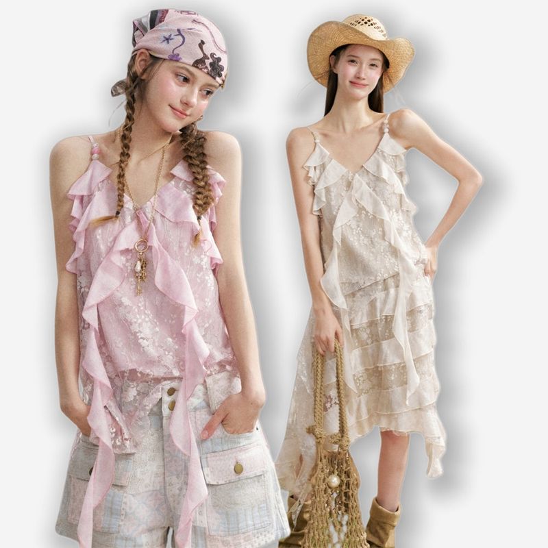 La mode MAQI(ラ モード マキ)の「MAQI Romantic Frill Lace Asymmetrical Chiffon Sleeveless Dress Resort Look Camisole(Tops)」