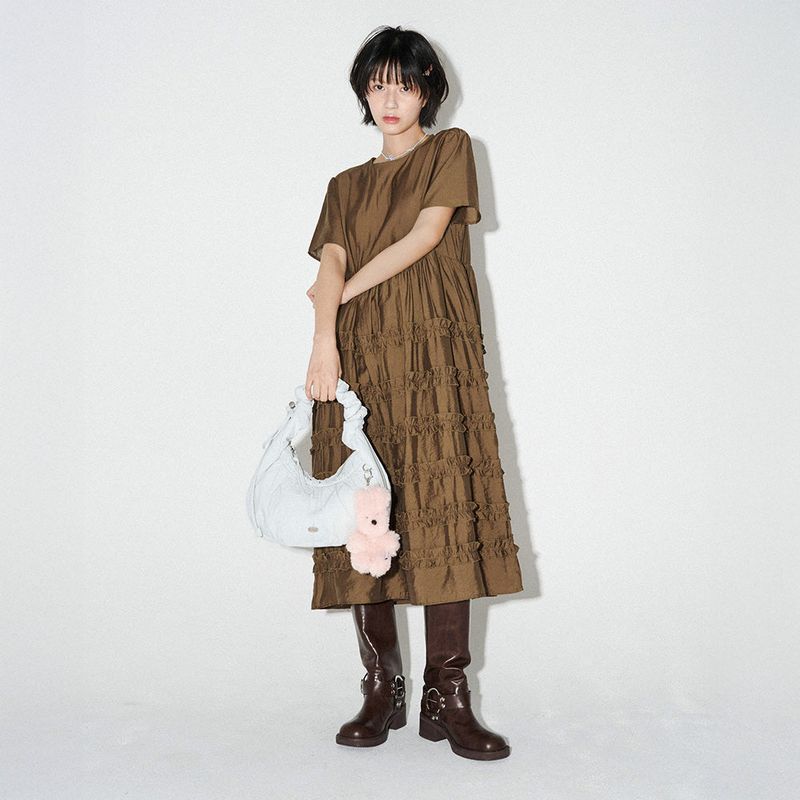 FRILL LONG ONE-PIECE  (Brown)